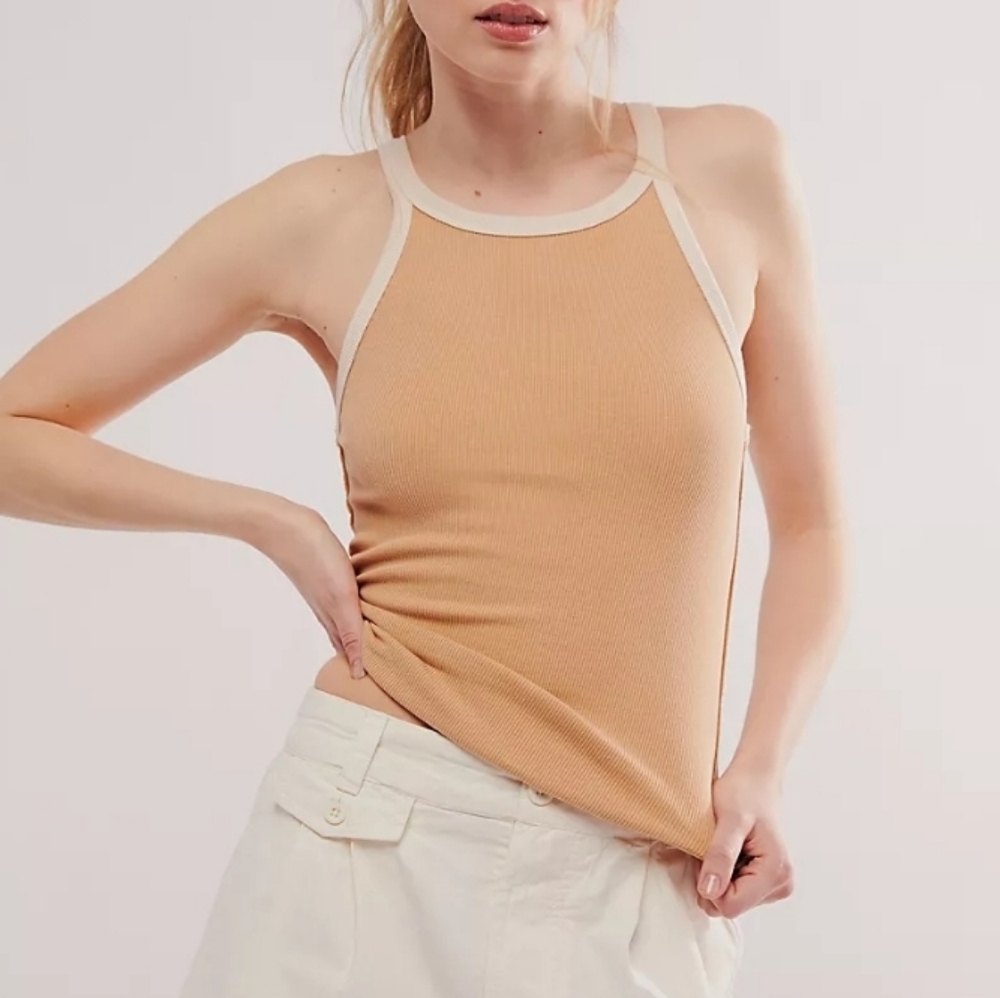 We The Free Only One Ringer Beige Ribbed Top with Cream Trim